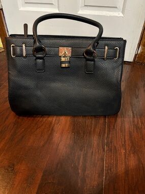 Black Leather Structured Satchel Bag with Gold Hardware